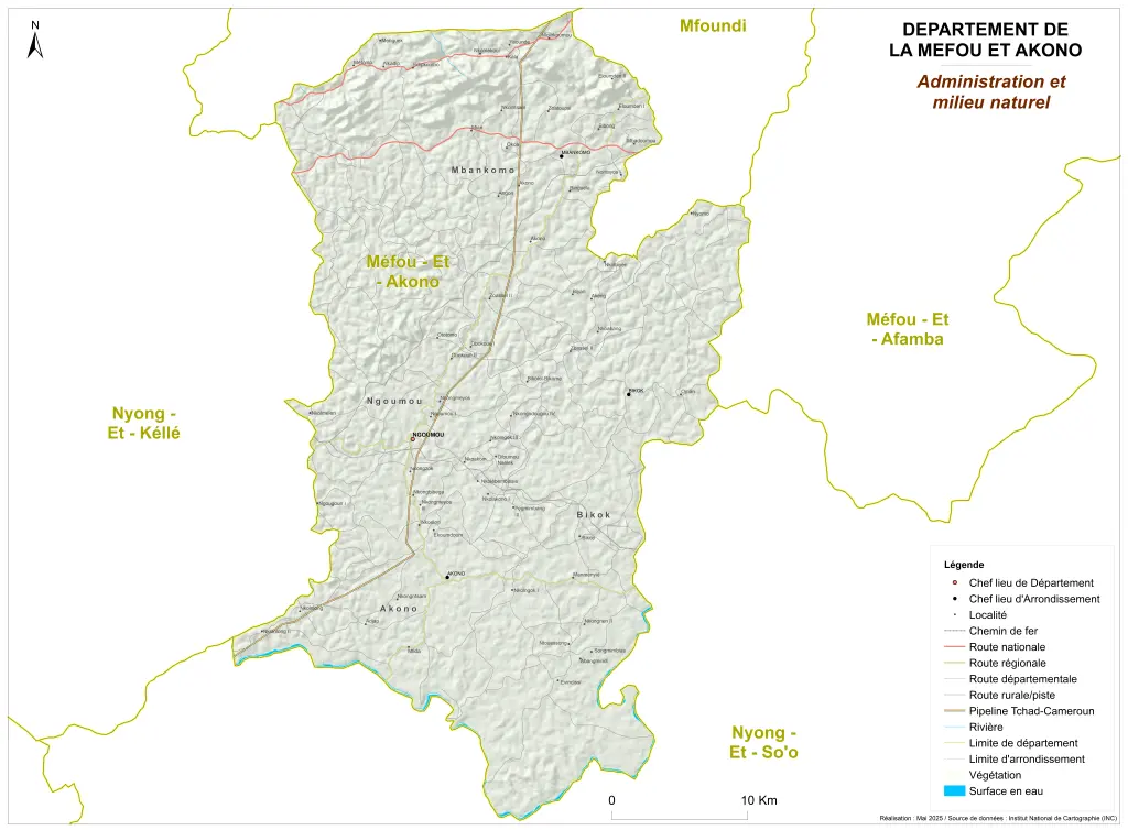 Carte administrative et milieu naturel de la Mefou-et-Akono