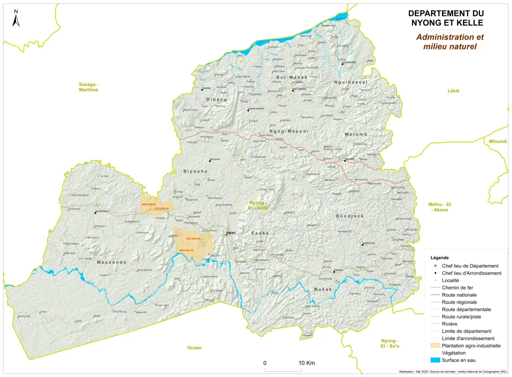 Carte administrative et milieu naturel du Nyong-et-Kéllé