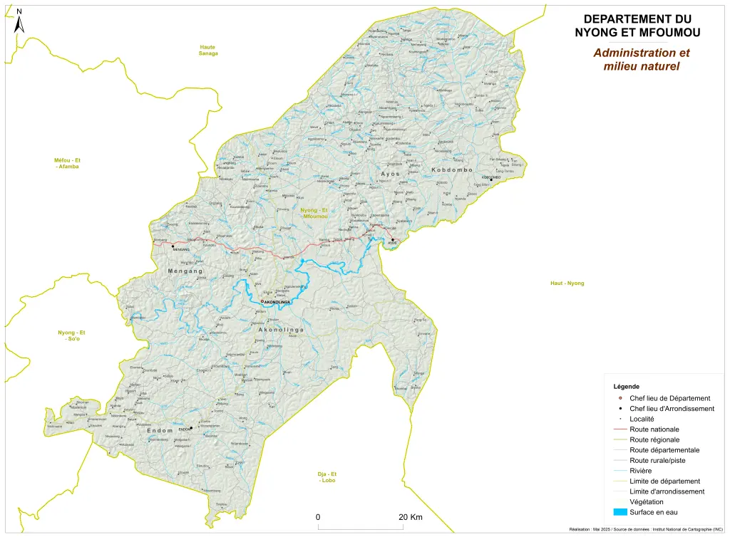 Carte administrative et milieu naturel du Nyong-et-Mfoumou