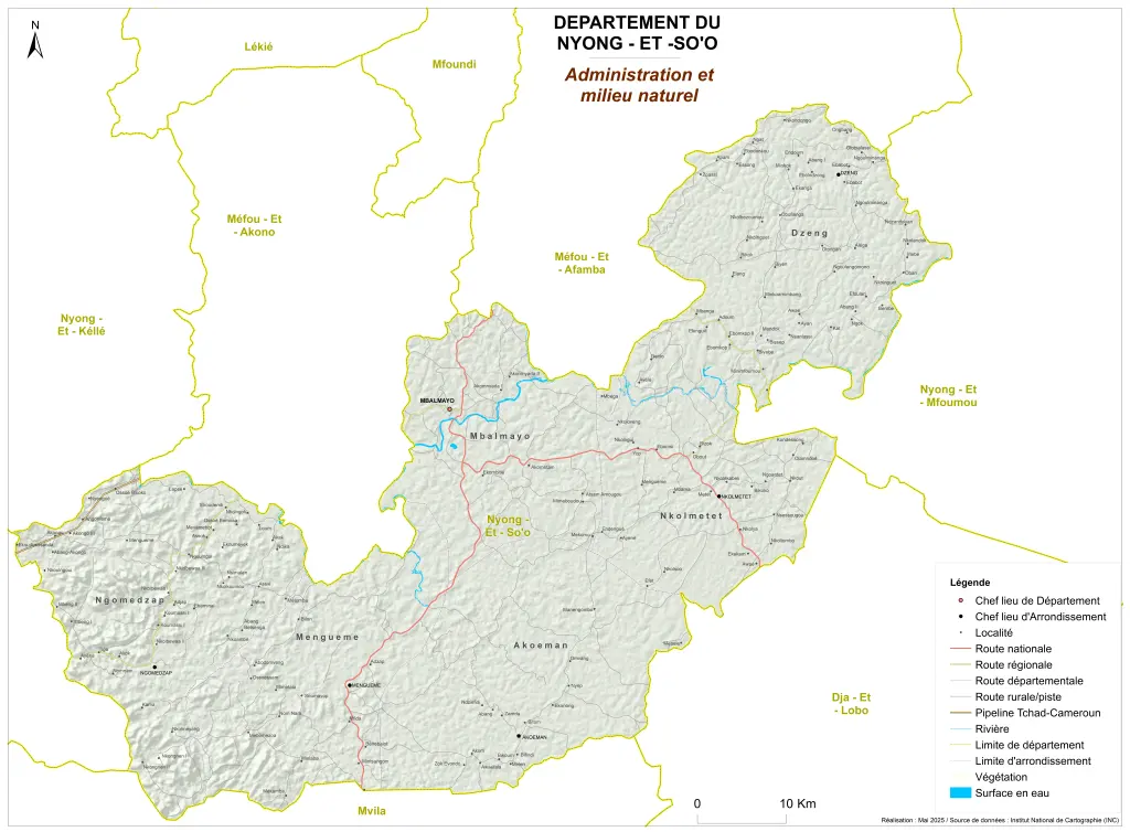 Carte administrative et milieu naturel du Nyong-et-So'o