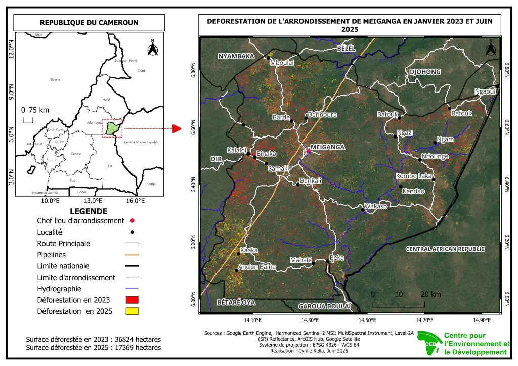 Déforestation de l'arrondissement de Meiganga entre janvier 2023 et juin 2025