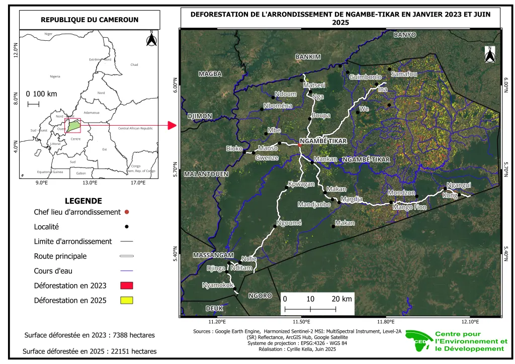 Déforestation de l'arrondissement de Ngambé-Tikar entre janvier 2023 et juin 2025