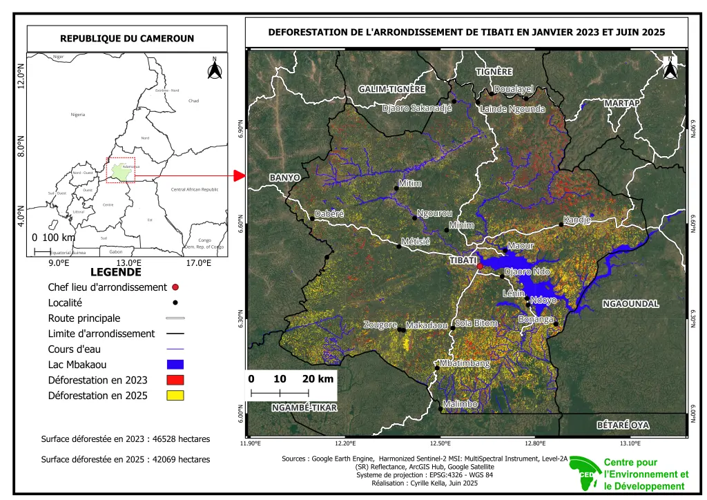 Déforestation de l'arrondissement de Tibati entre janvier 2023 et juin 2025