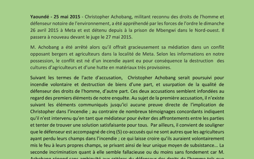 Un défenseur de l’environnement arrêté et emprisonné auCameroun