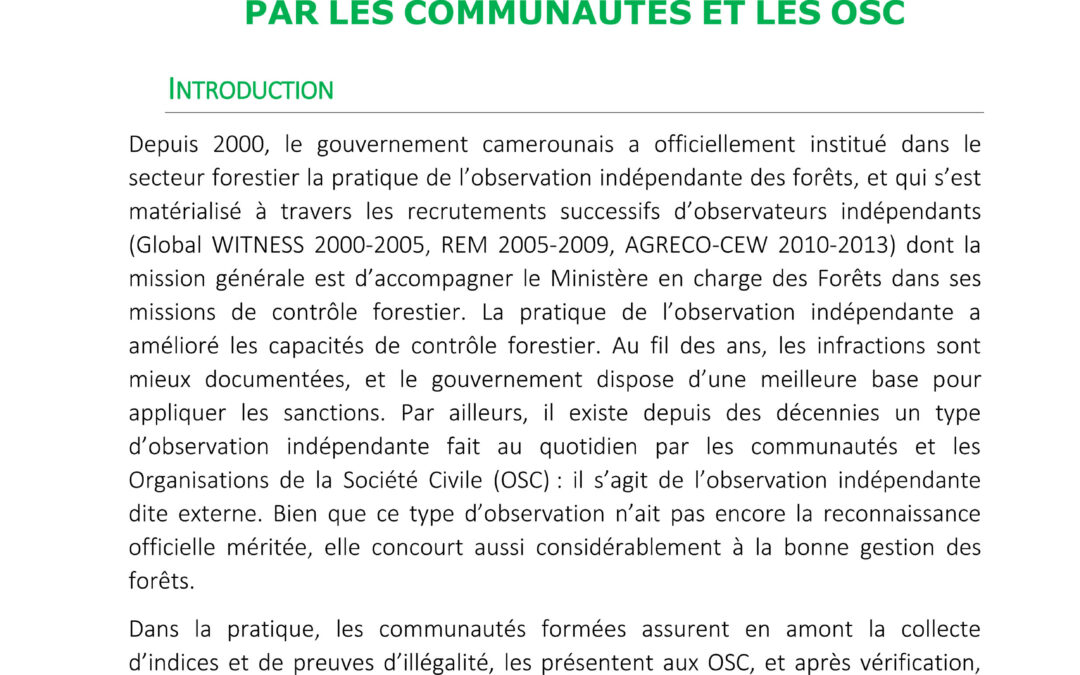 NOTE DE POSITION SUR L’AMÉLIORATION DU SUIVI DE L’EXPLOITATION FORESTIÈRE À TRAVERS L’OBSERVATION DES FORÊTS PAR LES COMMUNAUTÉS ET LES OSC