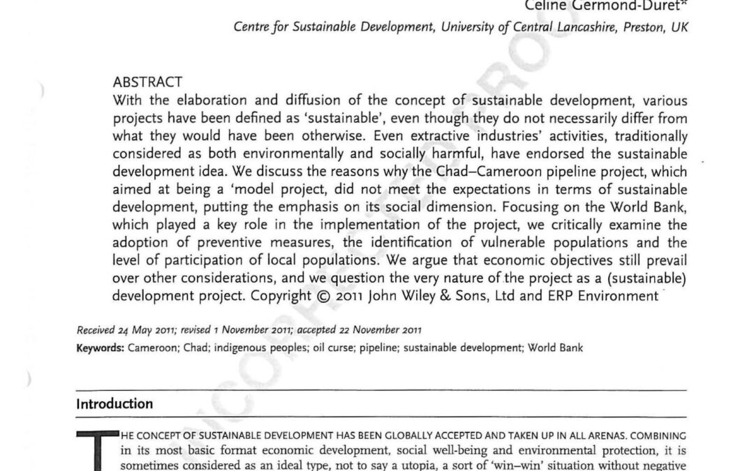 Extractive Industries and the Social Dimension of Sustainable Development: Reflection on the Chad-Cameroon Pipeline