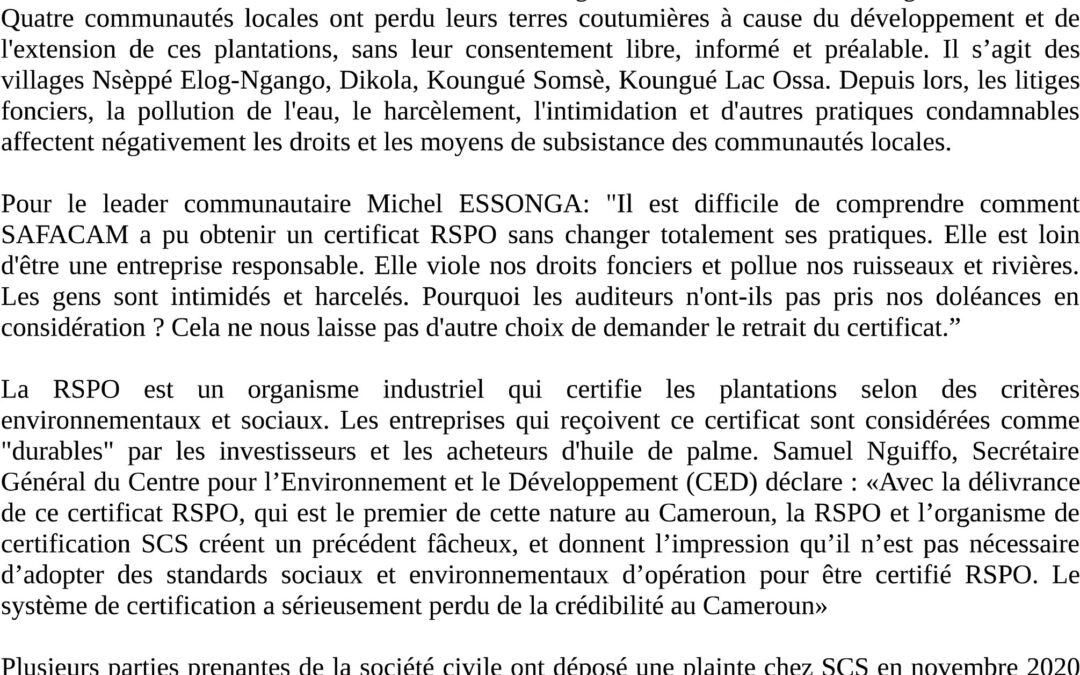 La certification RSPO de SOCFIN contestée par les communautés riveraines au Cameroun