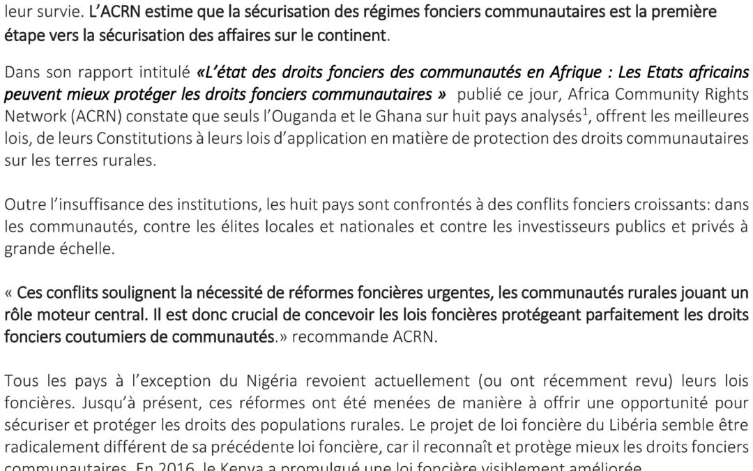 L’ACRN inquiet par l’état actuel des droits fonciers des communautés en Afrique