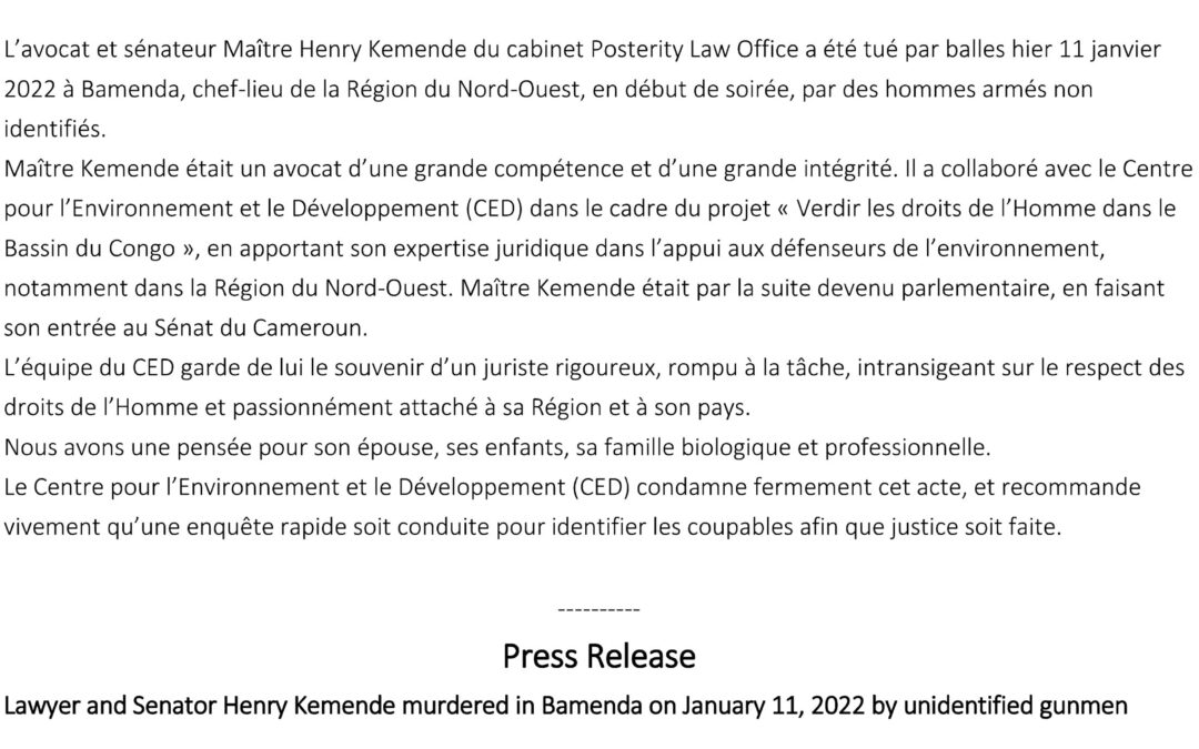 L’avocat et sénateur Maître Henry Kemende assassiné à Bamenda le 11 janvier 2022 par des hommes armésnon identifiés