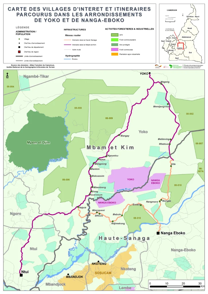 Carte de localisation des villages dans le site d’étude de la Haute Sanaga et du Mbam et Kim