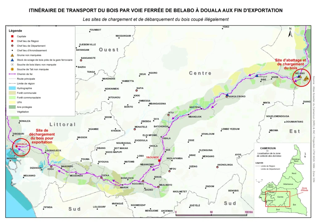 Itinéraire de transport du bois de Belabo à Douala