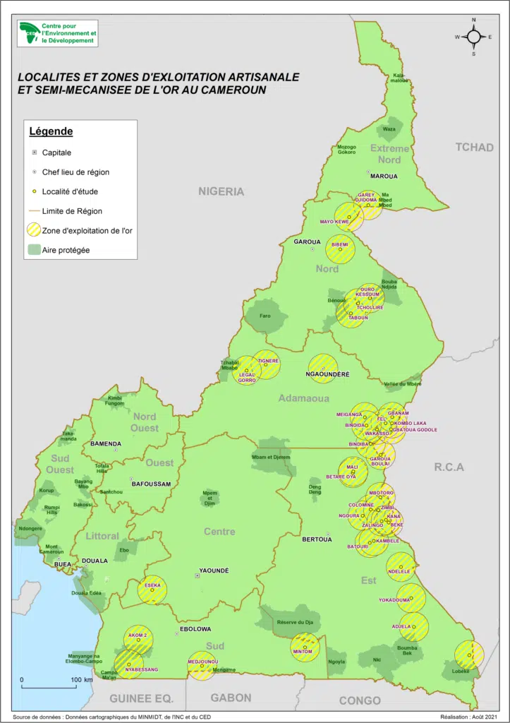 Localités et zones d’exploitation artisanale et semi mécanisée de l’or au Cameroun (août 2021)